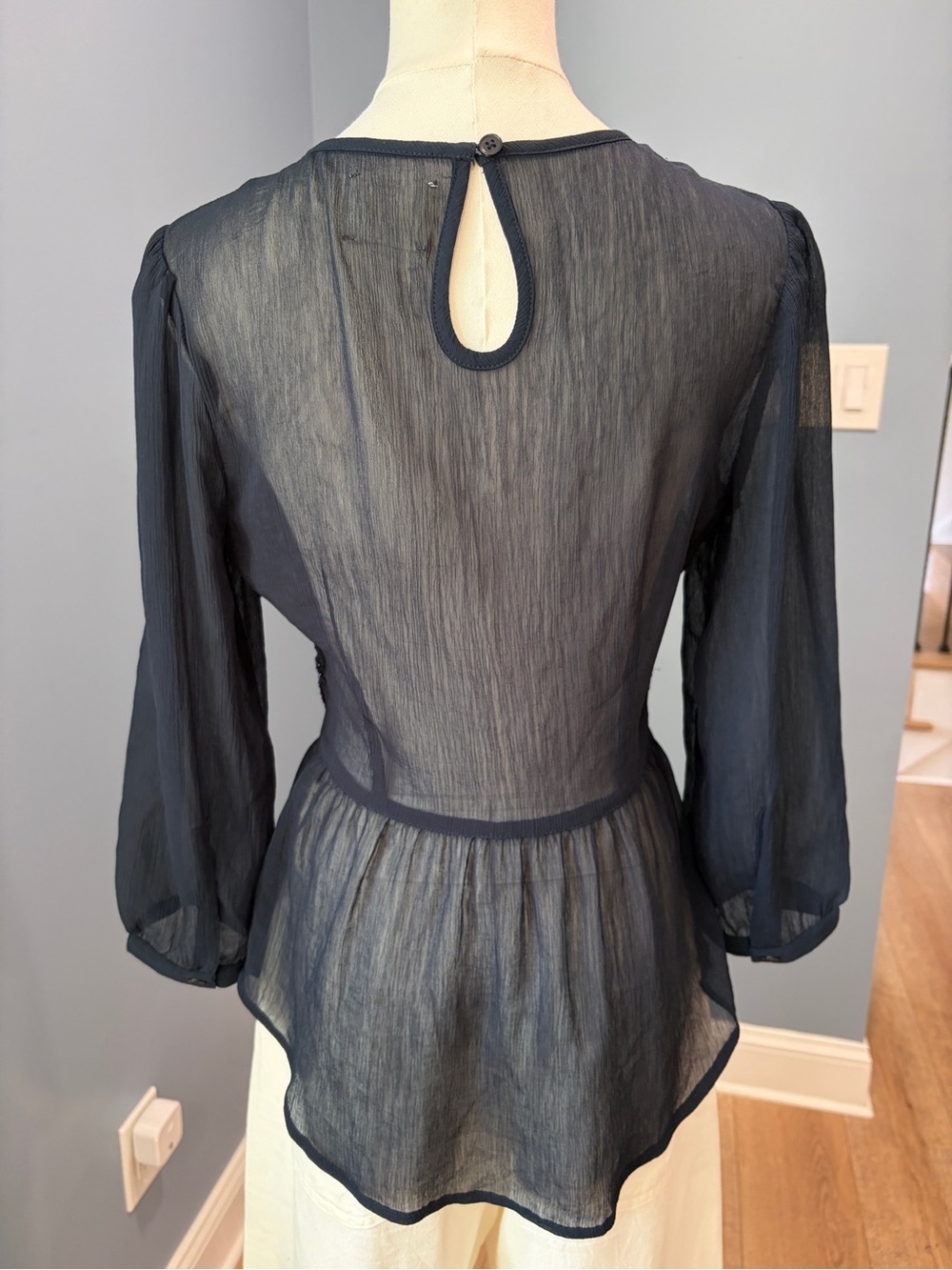 Maeve Navy Beaded Chiffon Peplum Blouse Sheer Long Sleeve Small Anthropologie - Picture 5 of 8